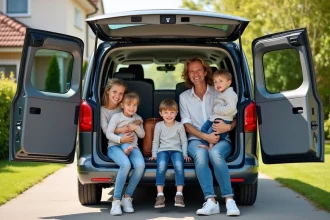 Famille souriante devant une grande voiture familiale dans la cour