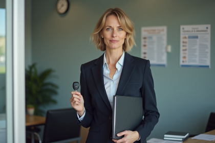 Femme d age moyen en costume d affaires avec clés voiture