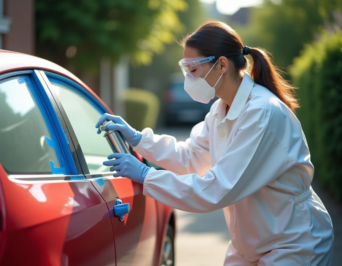 Femme en combinaison de protection appliquant une bombe de peinture sur une portière de voiture masquée dans une allée privée