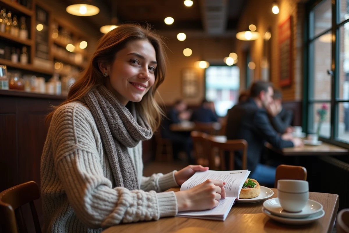 Femme lisant guide dans bistro lyonnais