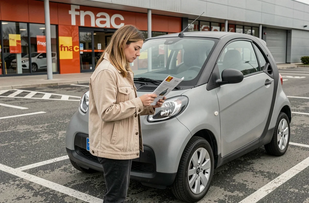 Femme consultant une brochure de la Citroën Ami dans un parking de Fnac