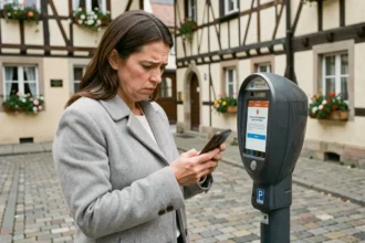 Femme frustrée consultant l'application EasyPark sur son téléphone devant un horodateur à Colmar