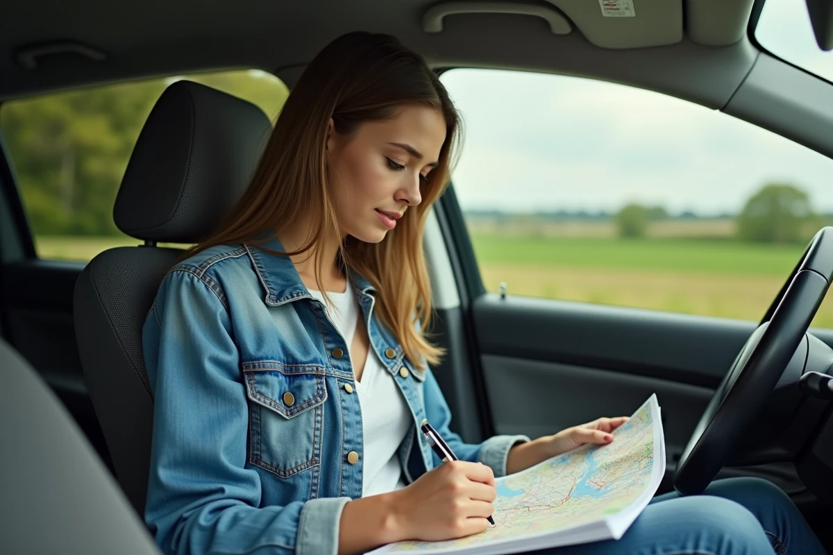 Jeune femme dans sa voiture consulte une carte de voyage