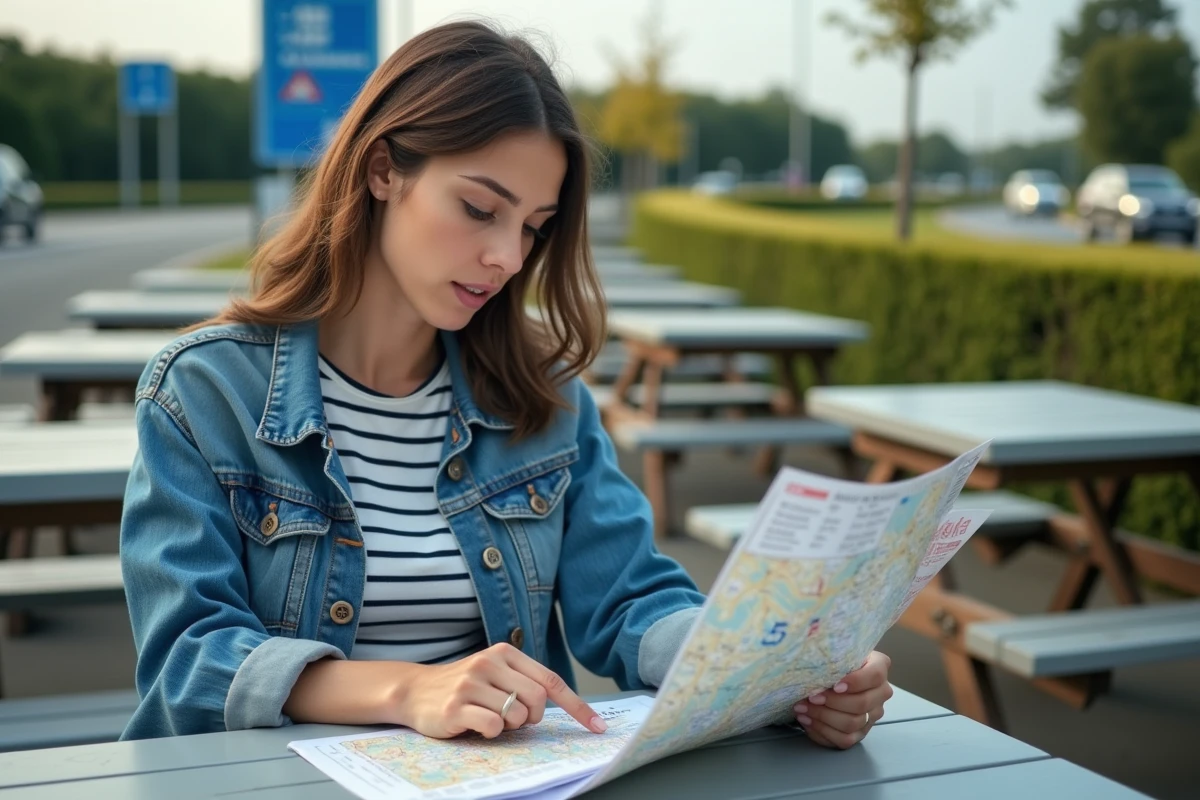 Femme consulte une carte routière sur une aire de repos