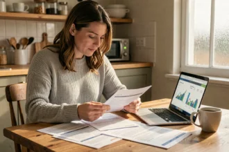 Femme comparant des offres d'assurance auto sur papier et ordinateur portable à Bourges