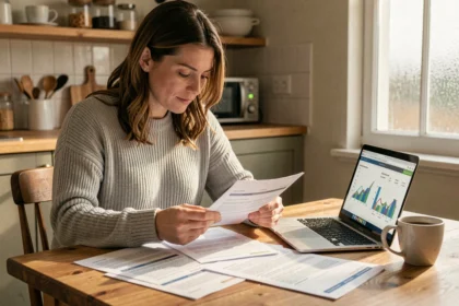 Femme comparant des offres d'assurance auto sur papier et ordinateur portable à Bourges