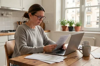 Femme consultant des documents d'assurance auto sur son ordinateur portable dans une cuisine moderne