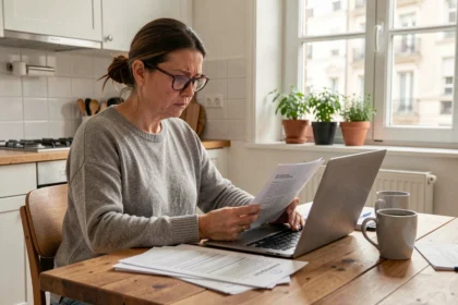 Femme consultant des documents d'assurance auto sur son ordinateur portable dans une cuisine moderne