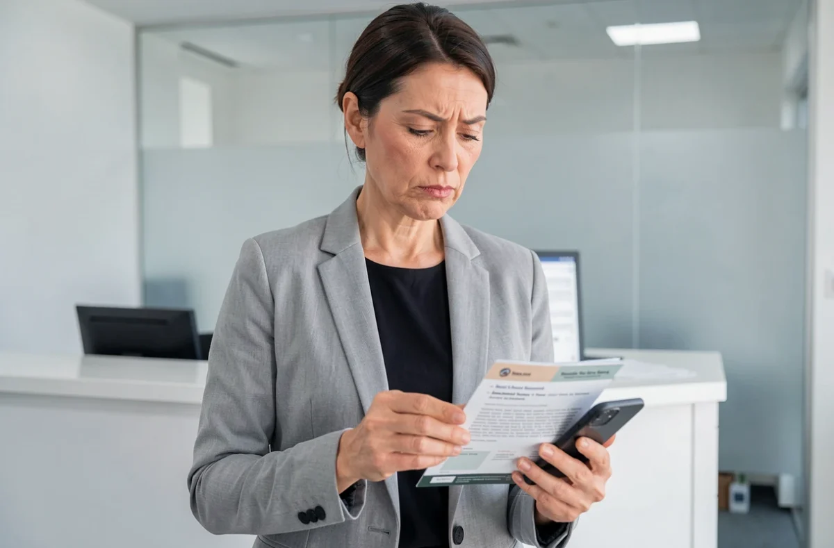 Femme comparant des avis d'assurance auto sur son smartphone dans une agence d'assurance
