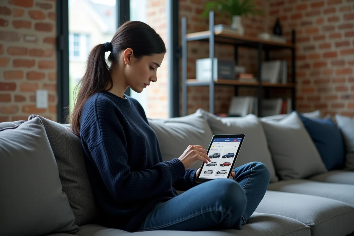 Femme consultant un comparateur automobile en ligne sur une tablette dans un salon moderne
