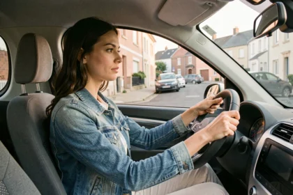 Jeune femme conduisant une voiturette sans permis dans une rue résidentielle française