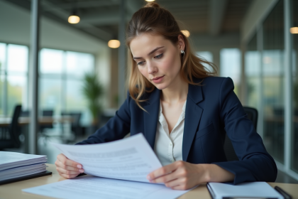 Jeune femme professionnelle examine un contrat de location voiture
