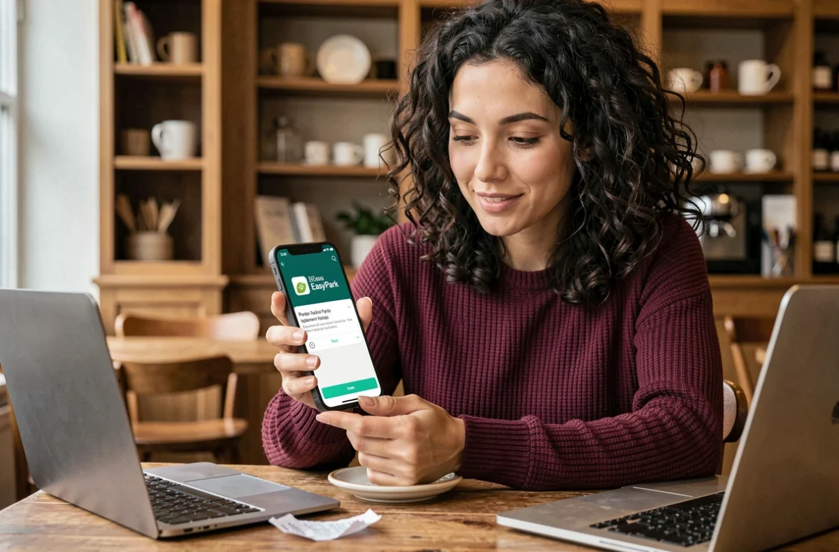 Femme consultant une erreur de paiement sur l'application EasyPark depuis un café à Colmar