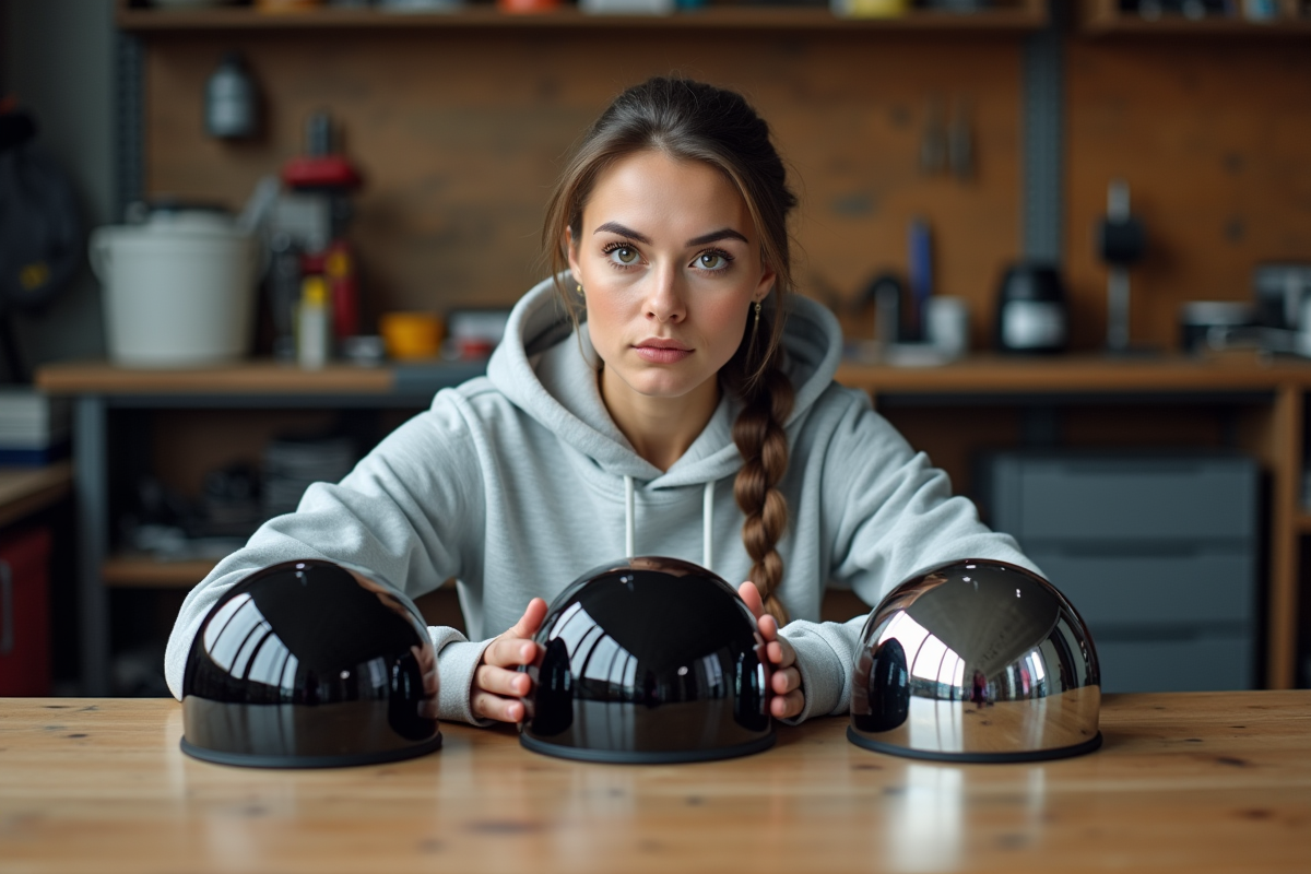 Femme compare différents visors de casque dans un atelier
