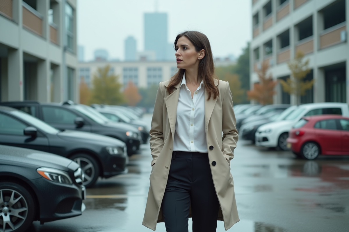 Femme d affaires sortant d un immeuble moderne