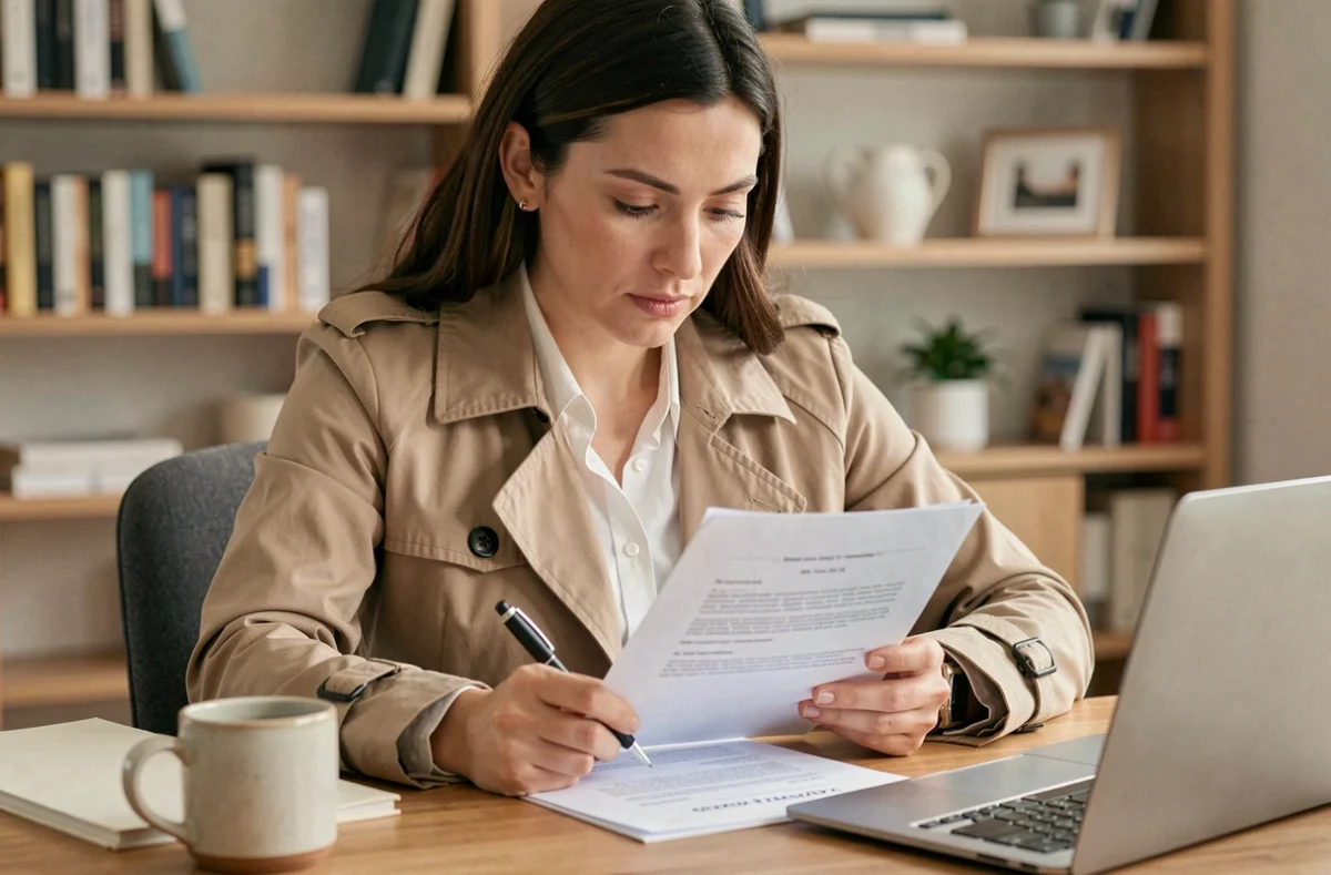 Femme lisant attentivement un contrat d'assurance scooter à son bureau à domicile