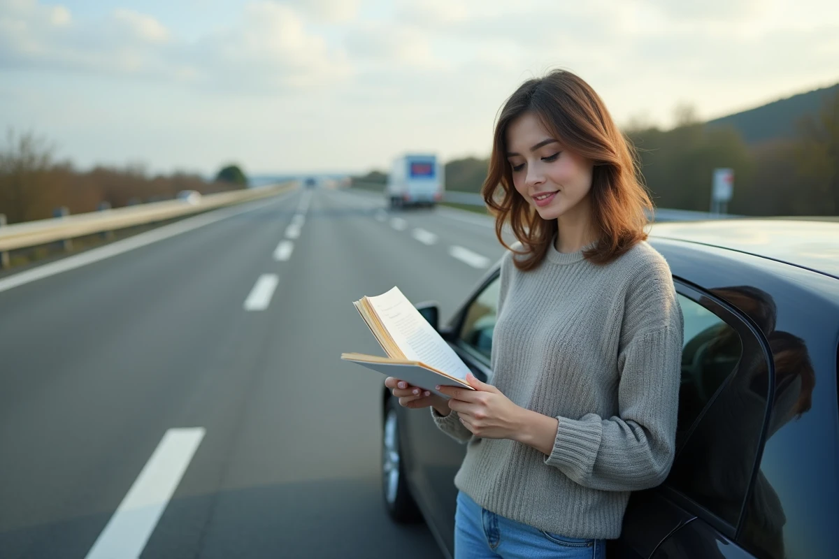 Femme lisant un manuel de voiture au bord de la route