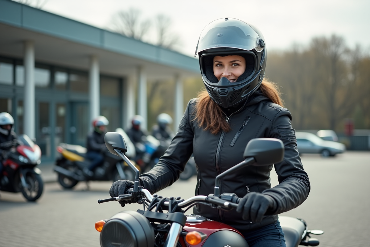 Femme en équipement moto à côté de sa moto devant une école de conduite
