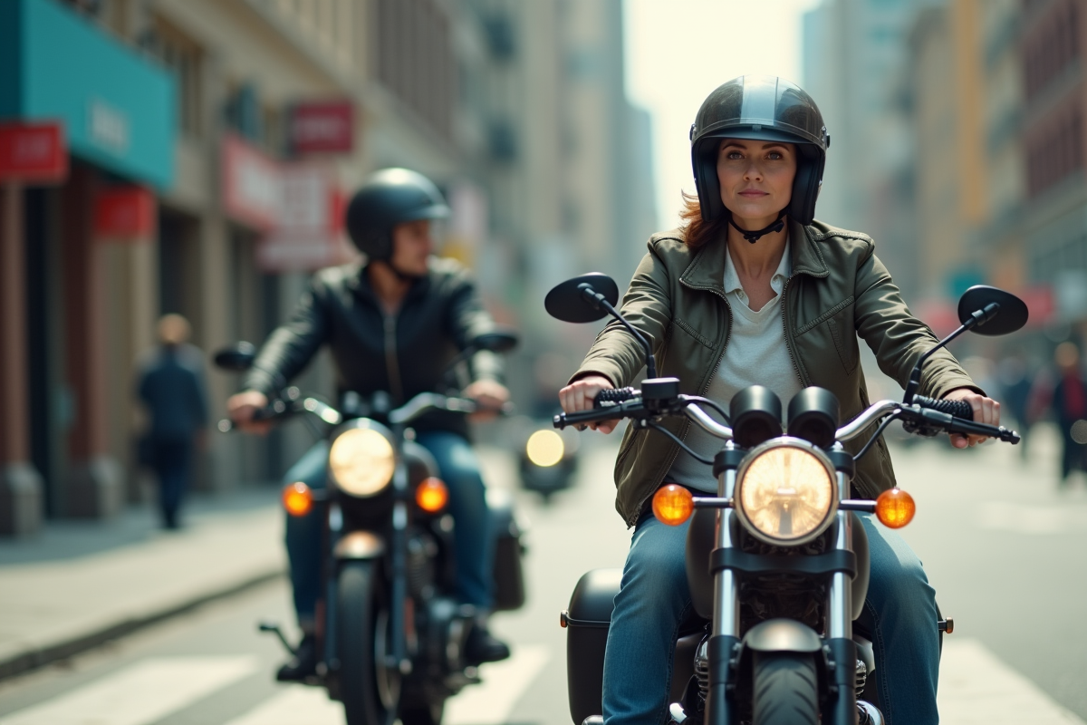 Femme motarde en ville lors d’un arrêt