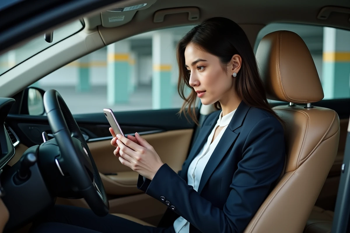 Femme parcourant des actualités automobiles sur son smartphone à l'intérieur d'une voiture garée