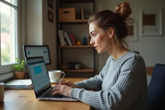 Femme optimisant une annonce Leboncoin payante sur son ordinateur portable dans un bureau à domicile