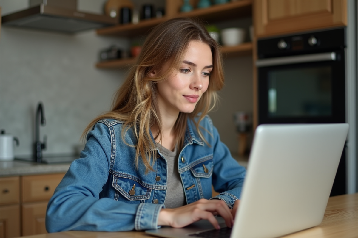 Jeune femme utilisant un ordinateur pour simuler une assurance auto à la maison