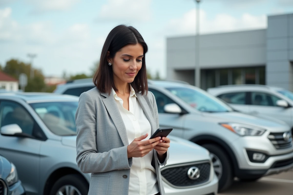 Femme vérifiant la confirmation de paiement sécurisé sur smartphone lors de l'achat d'une voiture d'occasion