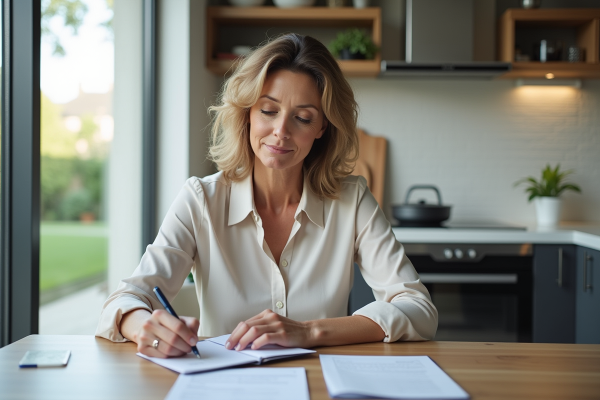 Femme d'âge moyen remplissant des papiers avec permis rose