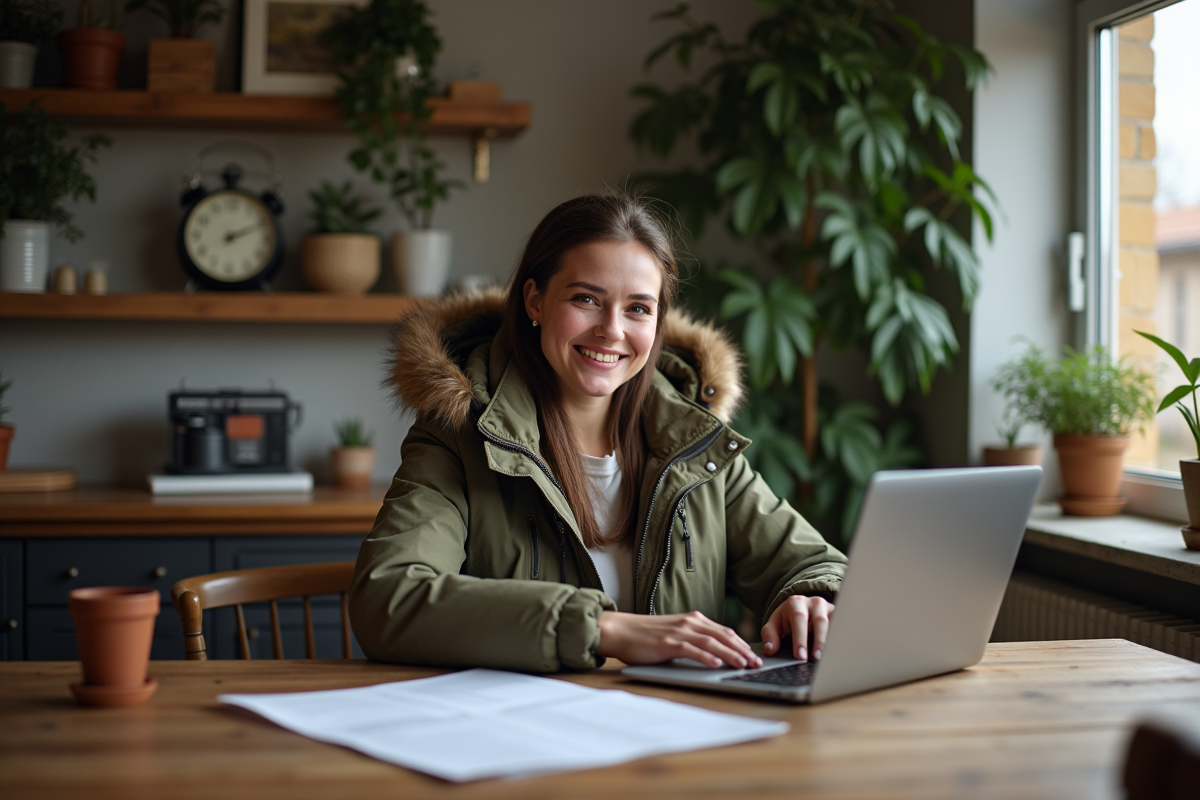 Femme souriante avec papiers de quad à la maison