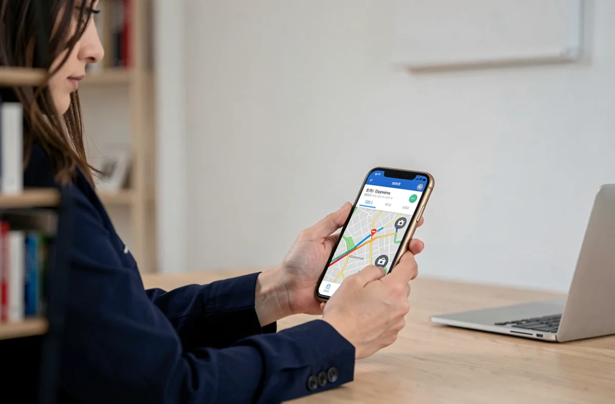 Femme vérifiant les options d'affichage des radars sur Google Maps depuis son bureau à domicile