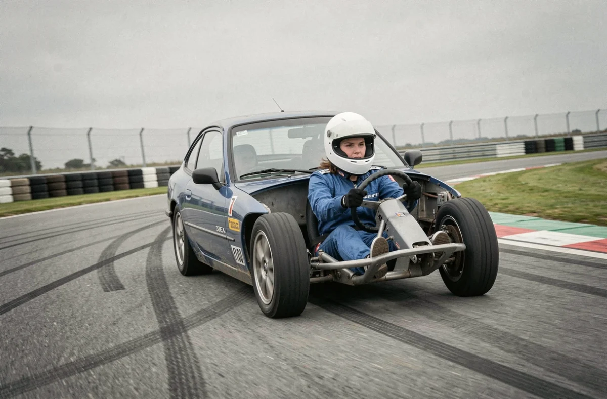 Femme au volant d'une voiture de circuit lors d'un stage de pilotage, casque blanc, en pleine prise d'appui en virage