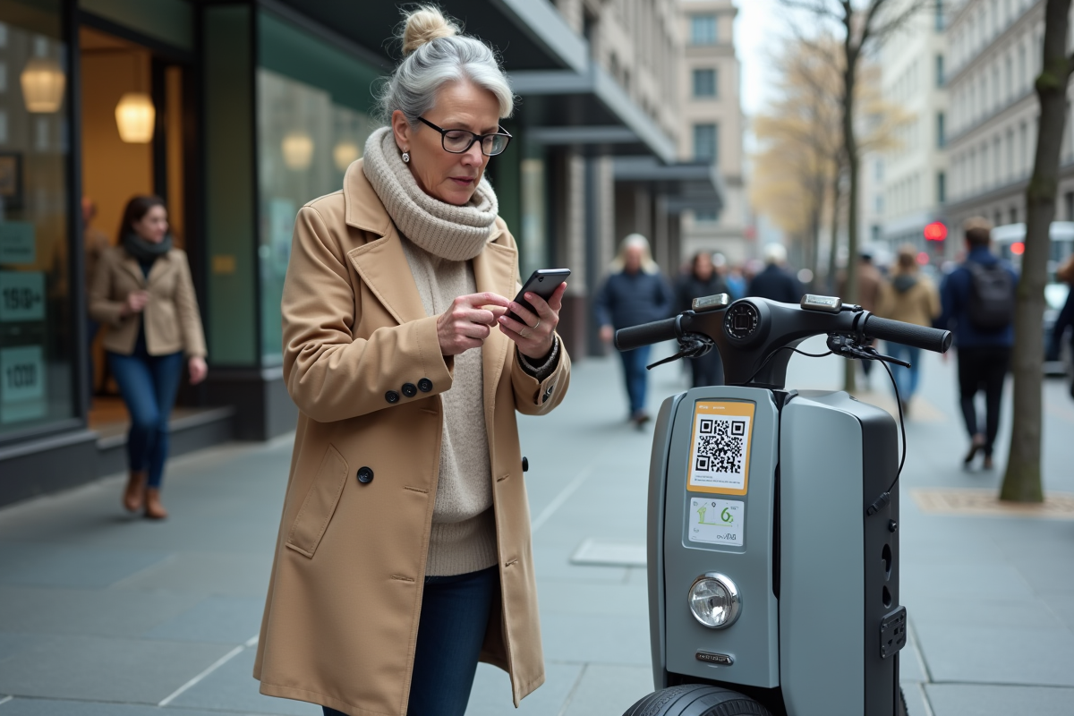 Femme scannant un QR code avec scooter électrique en ville