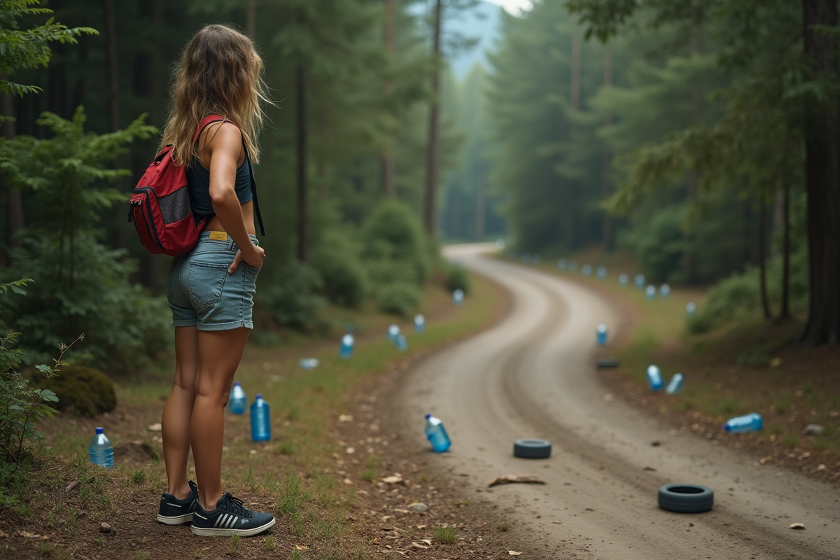 Jeune femme dans la forêt observant un tracé de rallye abandonné