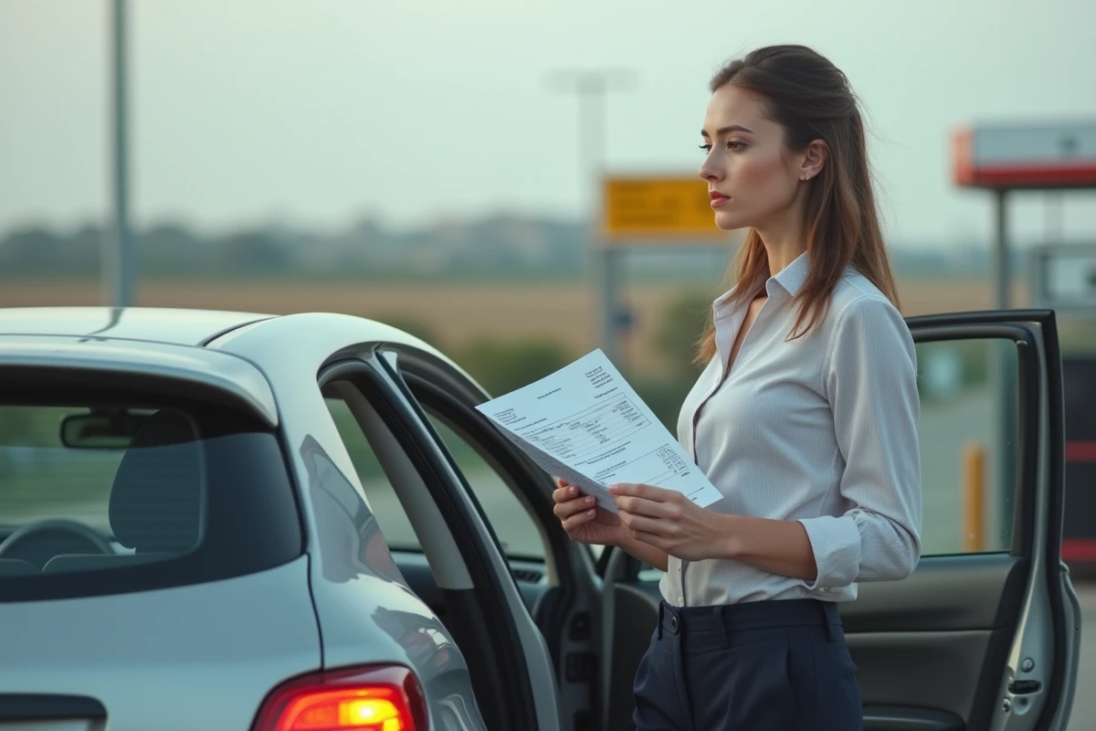 Jeune femme examine un reçu de carburant à côté de sa voiture