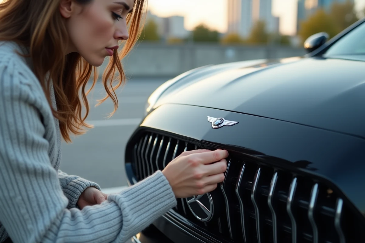 Femme en frustration retirant une badge de voiture noire