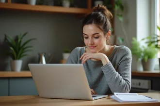 Femme adulte révisant le code de la route sur un ordinateur portable via une auto-école en ligne