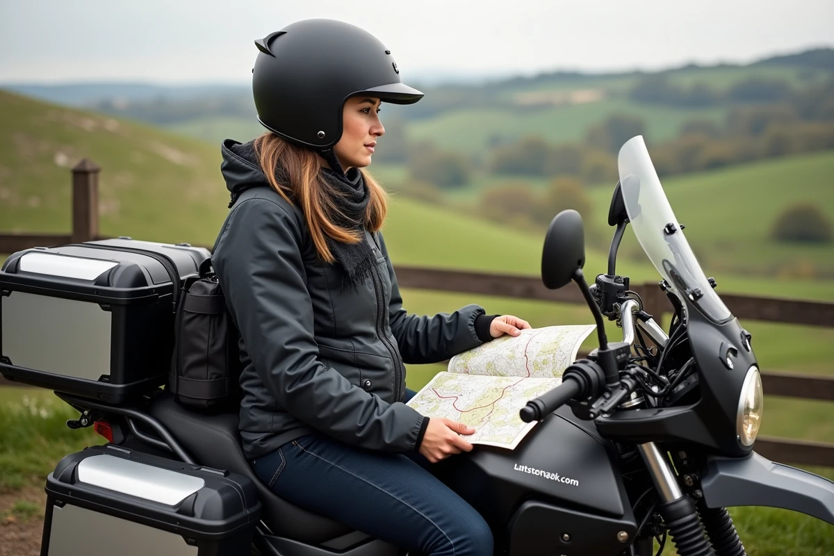 Femme en moto regardant une carte dans un paysage rural