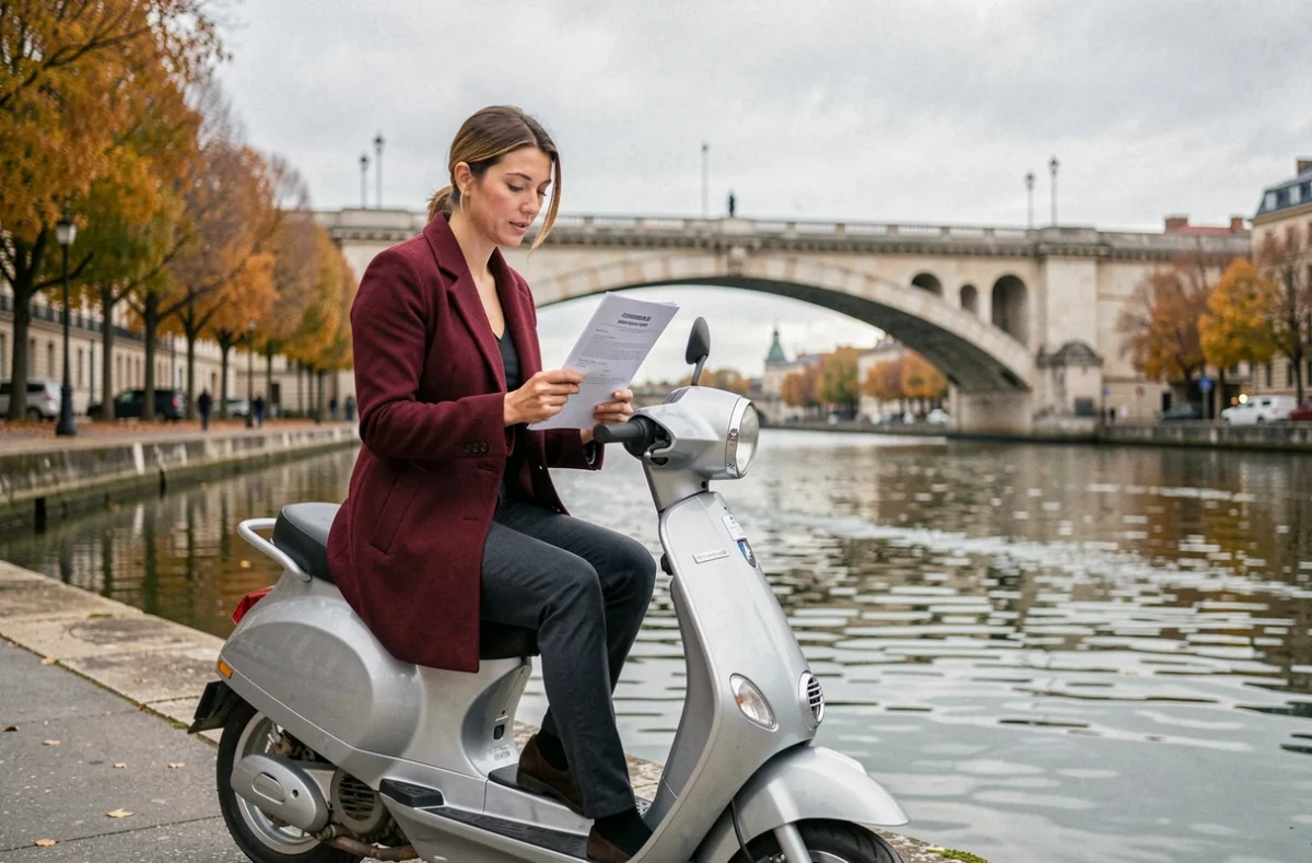 Femme assise sur un scooter consultant un document d'assurance au bord de la Garonne à Bordeaux