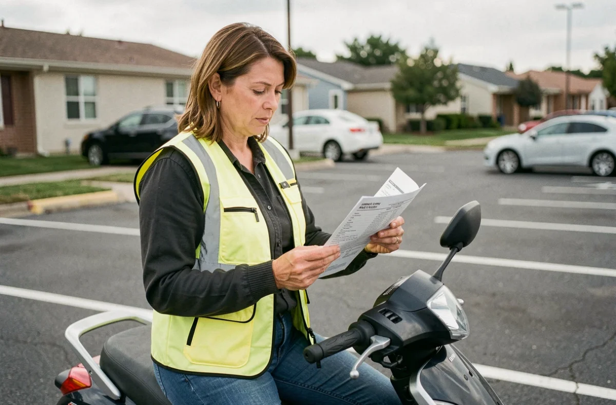 Femme conductrice de scooter examinant des documents d'assurance deux-roues dans un parking de banlieue