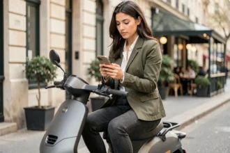 Jeune femme assise sur un scooter électrique en ville consultant son téléphone pour comparer des prix d'assurance