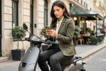 Jeune femme assise sur un scooter électrique en ville consultant son téléphone pour comparer des prix d'assurance