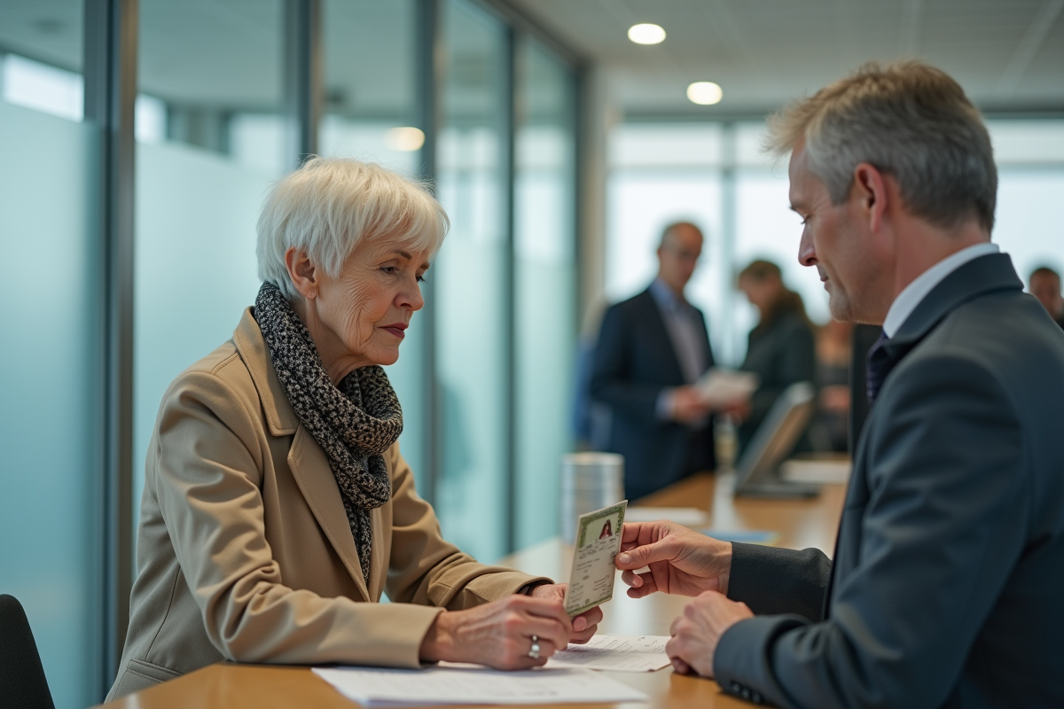 Femme senior présente son permis de conduire à un guichet
