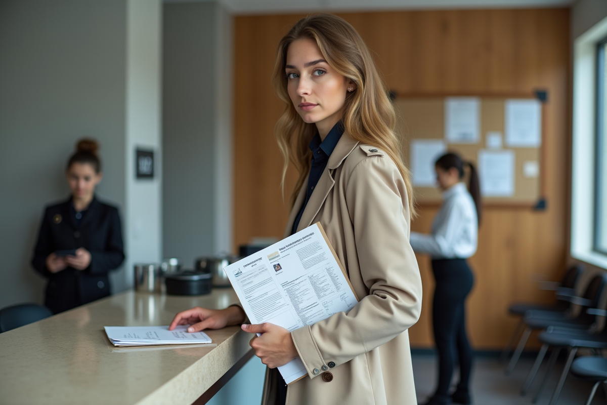 Jeune femme tenant dossier de papiers administratifs en bureau français