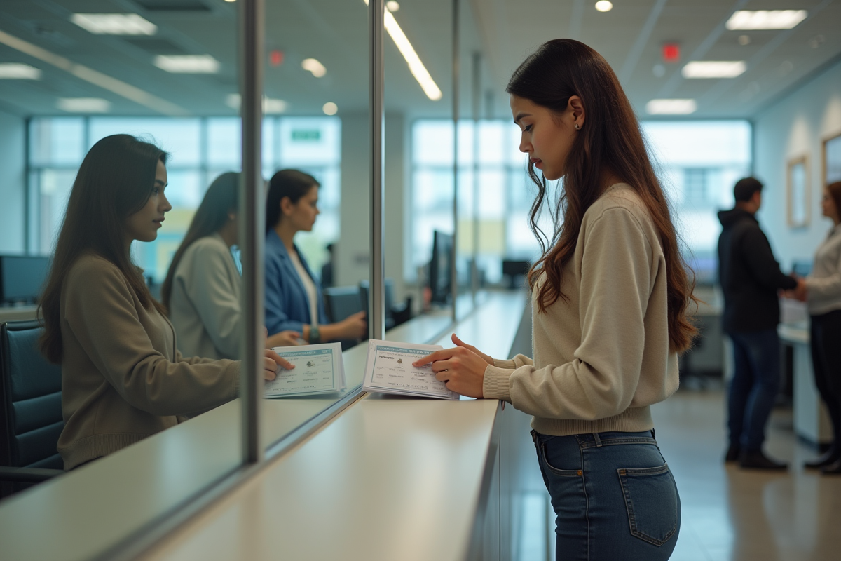 Jeune femme présentant ses documents à un guichet administratif