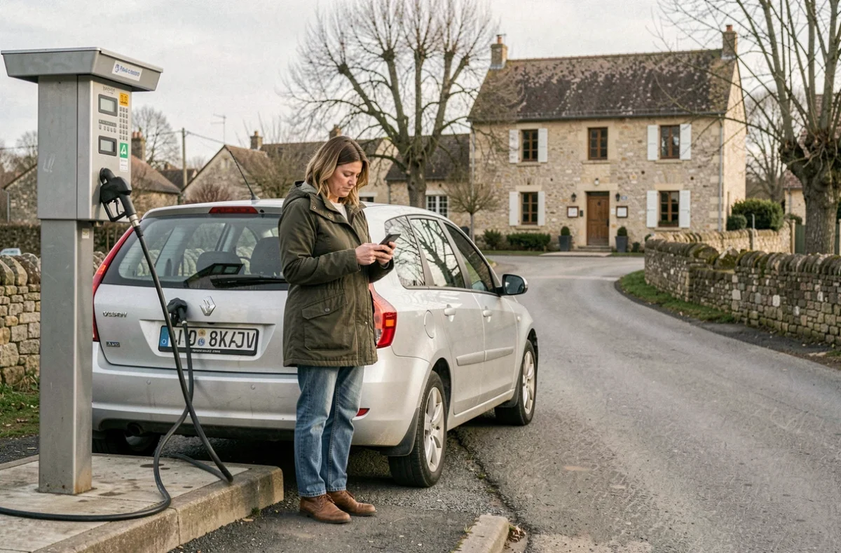 Femme cherchant une station-service avantageuse sur son téléphone en milieu rural