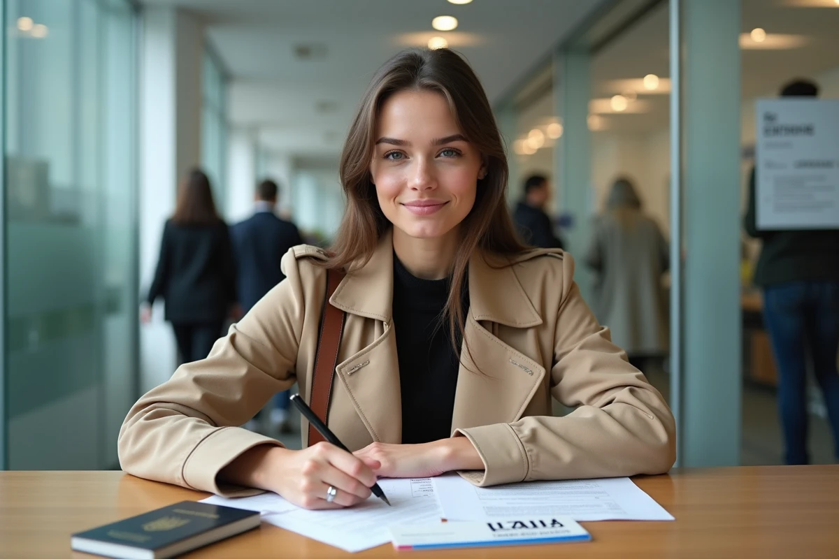 Jeune femme écrivant des documents avec une plaque ukrainienne dans un bureau français