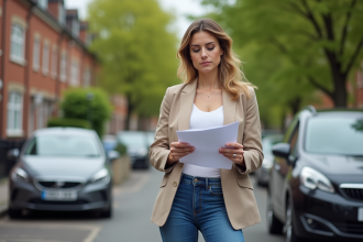 Femme en blazer beige et jeans examine des documents devant deux voitures