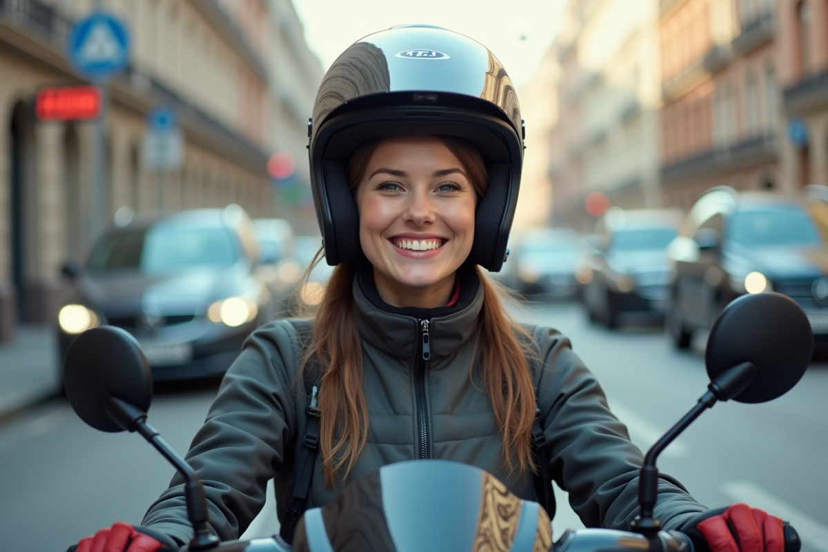 Femme souriante en casque urbain sur scooter en ville