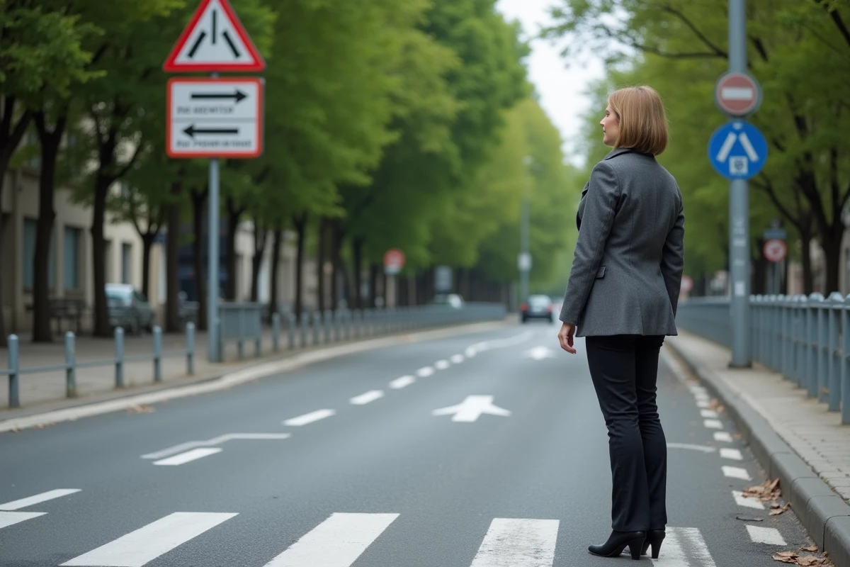 Femme d affaires française regarde un panneau de signalisation urbaine