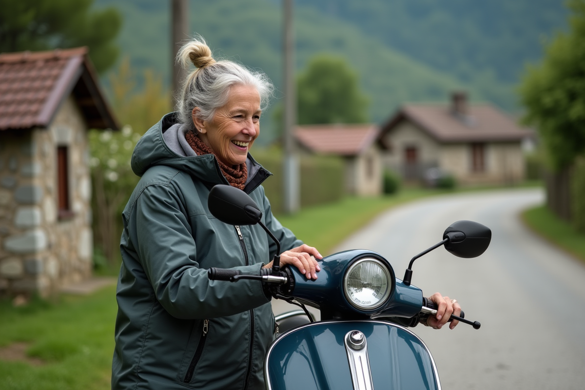Femme vérifiant le niveau de carburant de sa moto en campagne